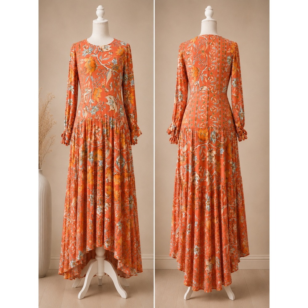 JAASE Floral High Low Maxi Dress M Boho Prairie Festival Dress